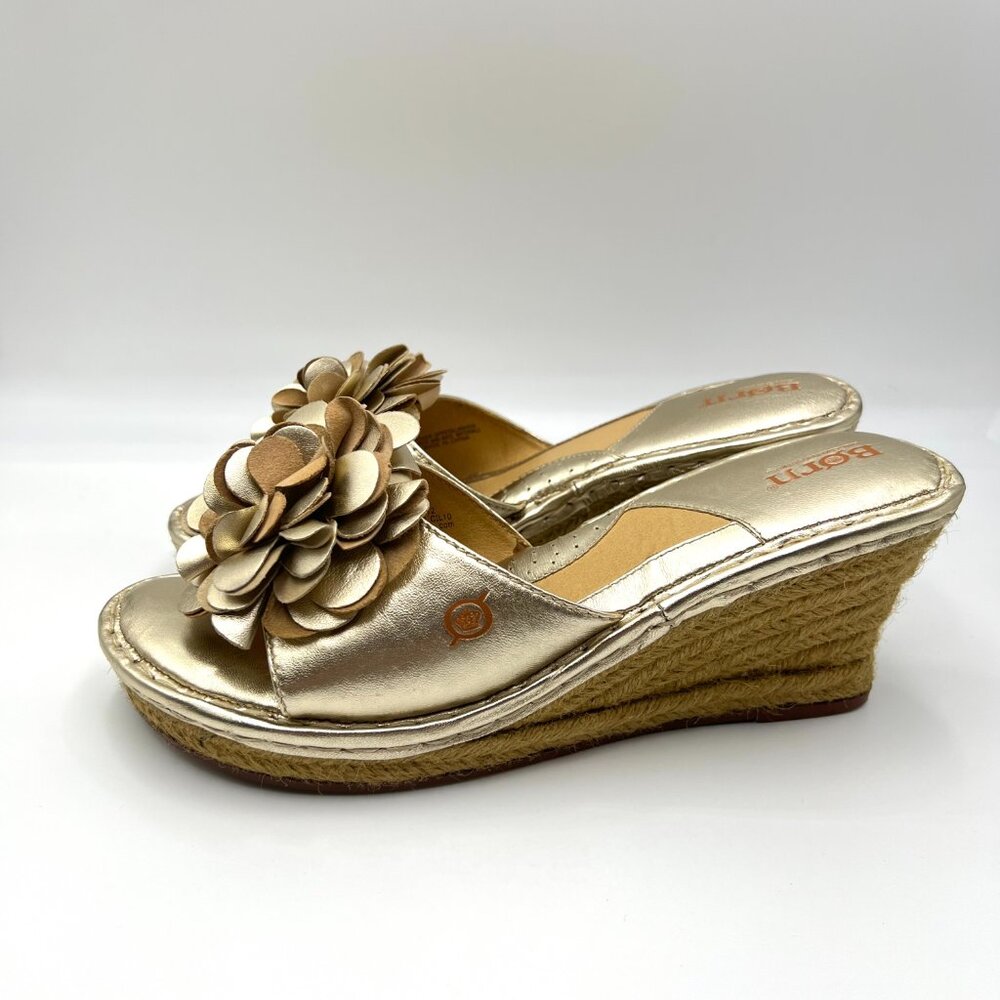 Born Womens Gold Leather Floral Flower Wedges Sandals Mules Shoes - Picture 6 of 16